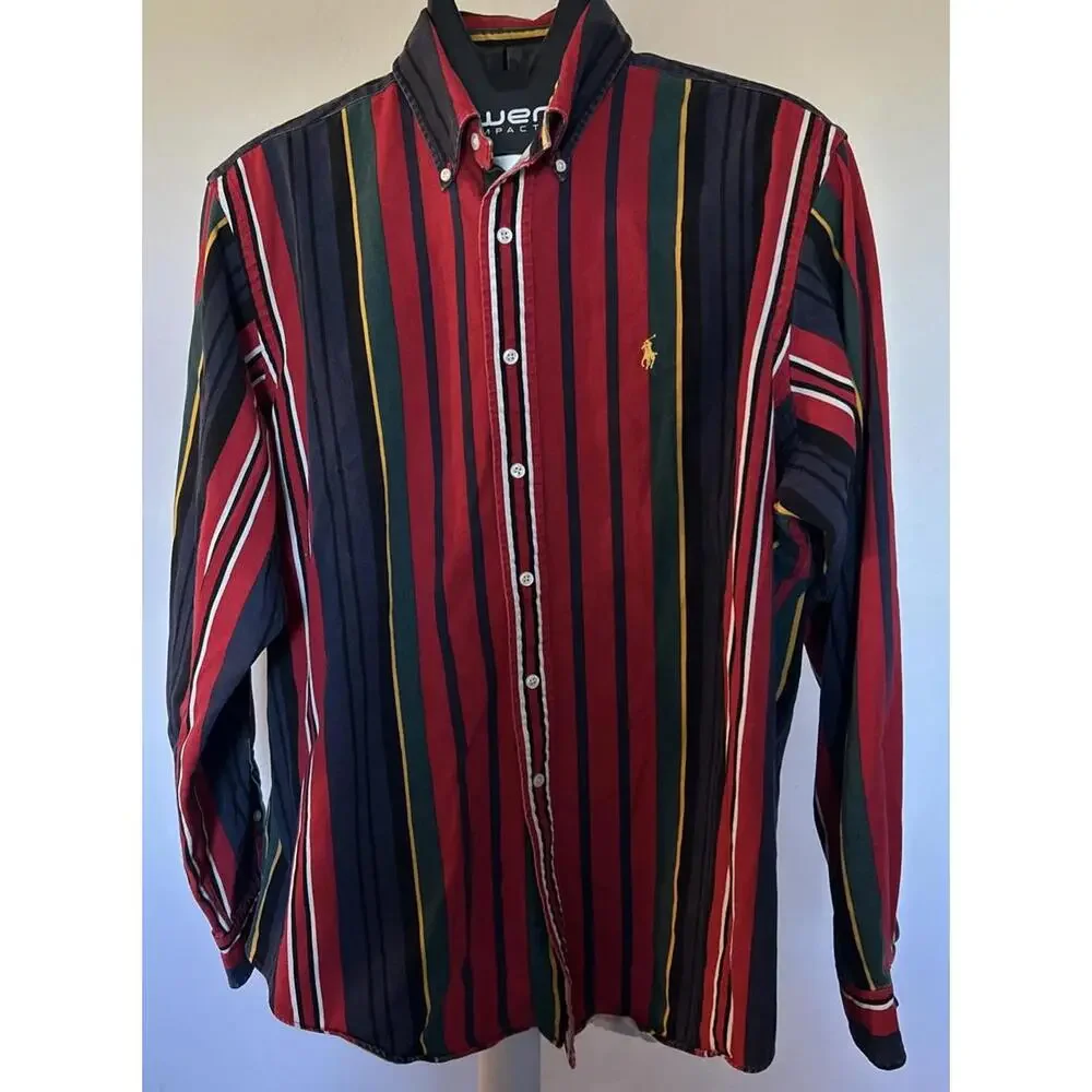 Ralph Lauren Vintage Button Down Shirt Mens XL Vertical Stripes 100% Cotton Pony - Picture 2 of 5